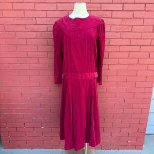 Vtg Laura Ashley Magenta Corduroy Belted Midi Dress Womens Small Cottagecore